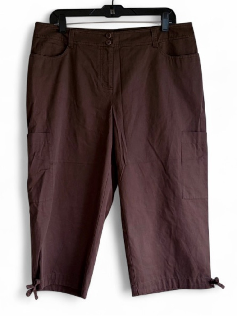 NWT Eileen Fisher 100% Cotton Brown Wide Leg Cargo Capri Pants Size Petite Large